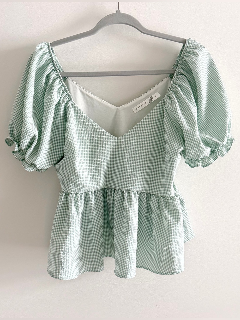 Altard State Gingham Babydoll Top Ruffle Sleeves Sage White Feminine Size M